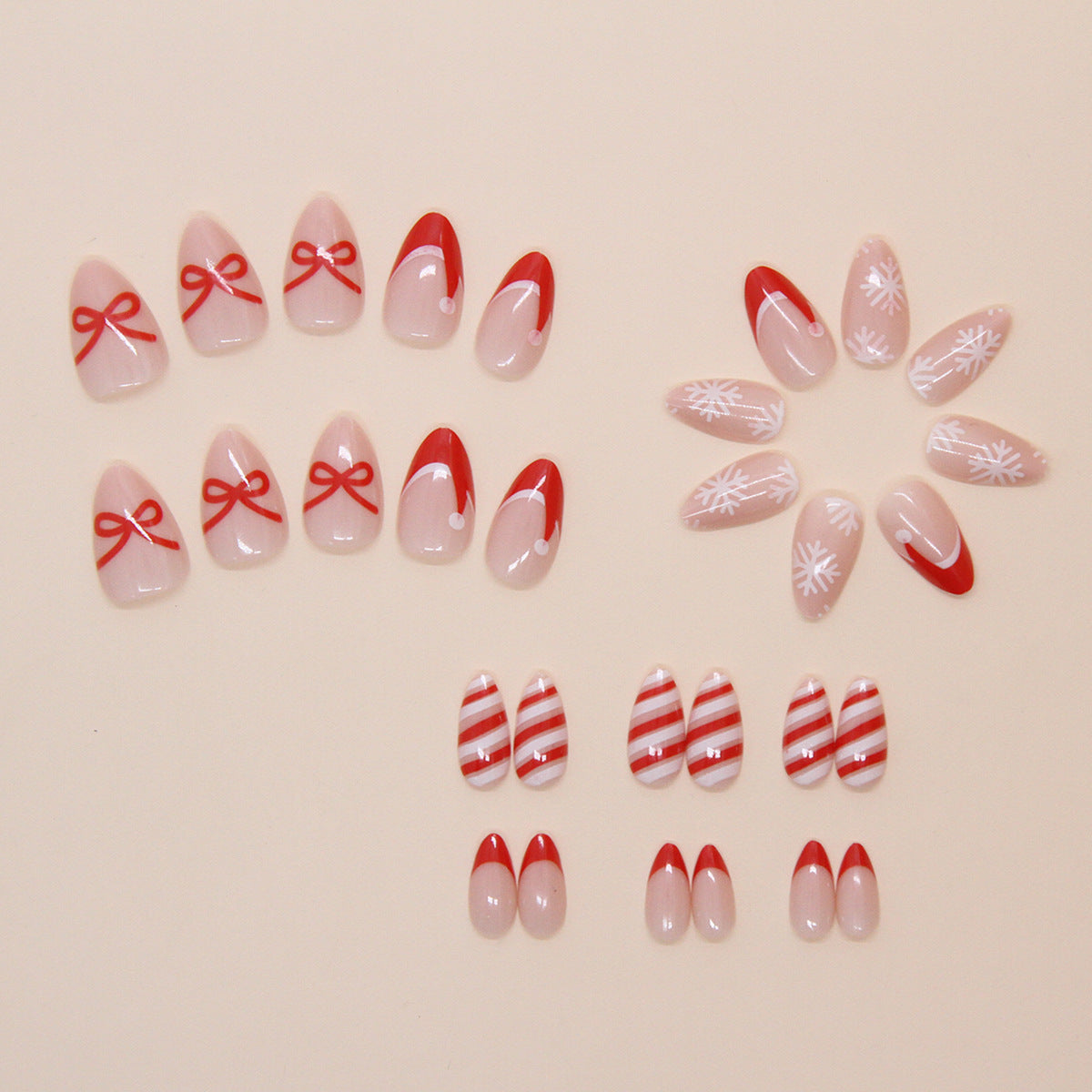 Striped Snowflake Christmas Press on Nails 24Pcs Short Almond Nails