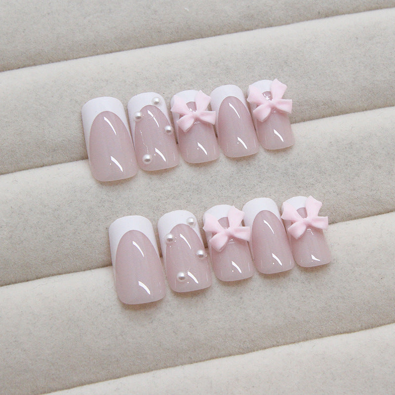 French Bow Pearls Pink Press on Nails 24Pcs Medium Squoval  Nails