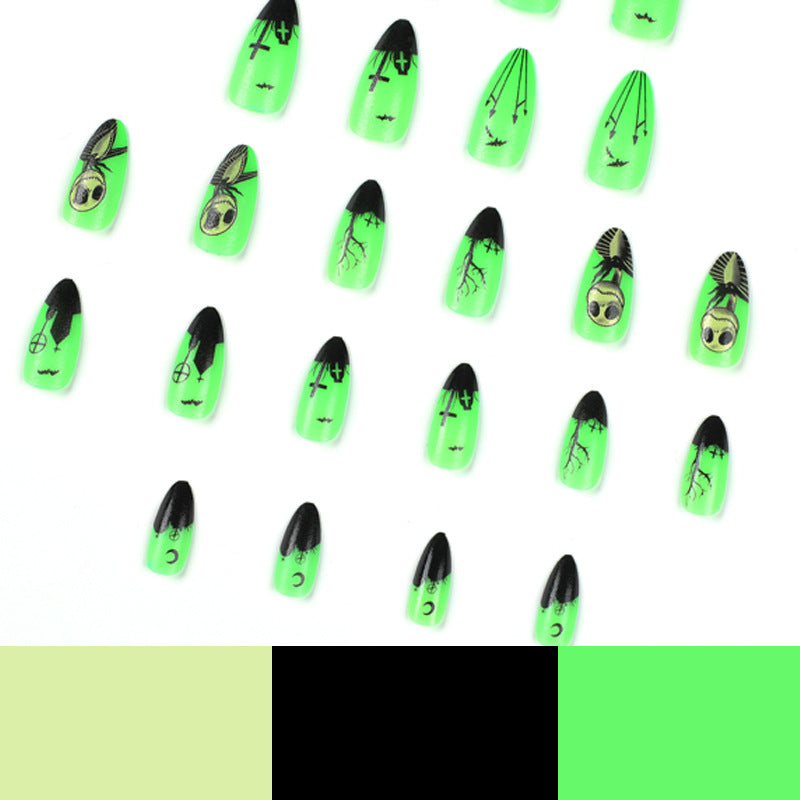 Halloween Fluorescent Green Press on Nails 24Pcs Medium Almond Nails  