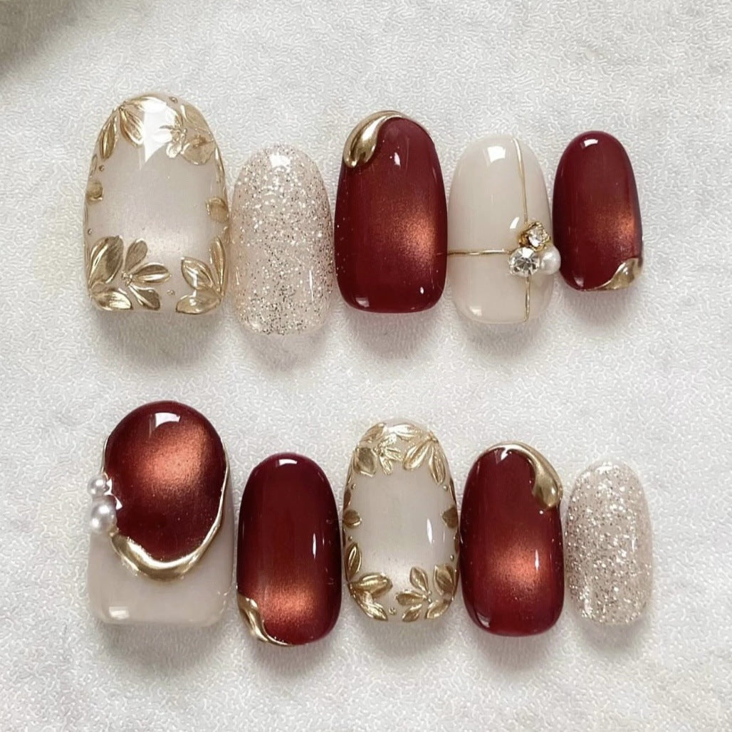 Gilt Glass Beads Cat Eye on Nails 10Pcs Medium Oval Nails