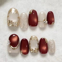 Gilt Glass Beads Cat Eye on Nails 10Pcs Medium Oval Nails