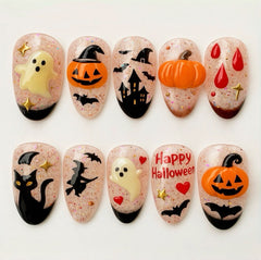 3D Castle Pumpkinl Presson on Nails 10Pcs Medium Almond Nails