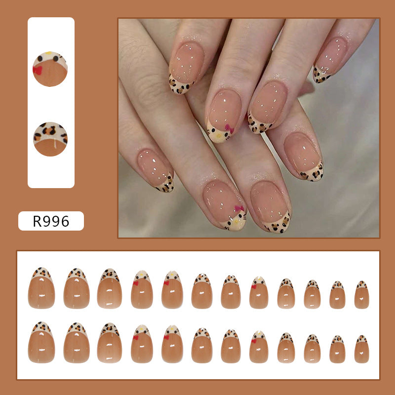 French Leopard Print Kitty Presson on Nails 24Pcs Medium Almond Nails