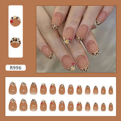 French Leopard Print Kitty Presson on Nails 24Pcs Medium Almond Nails