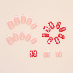 Snowflake Elk Red Press on Nails 24Pcs Medium Squoval  Nails