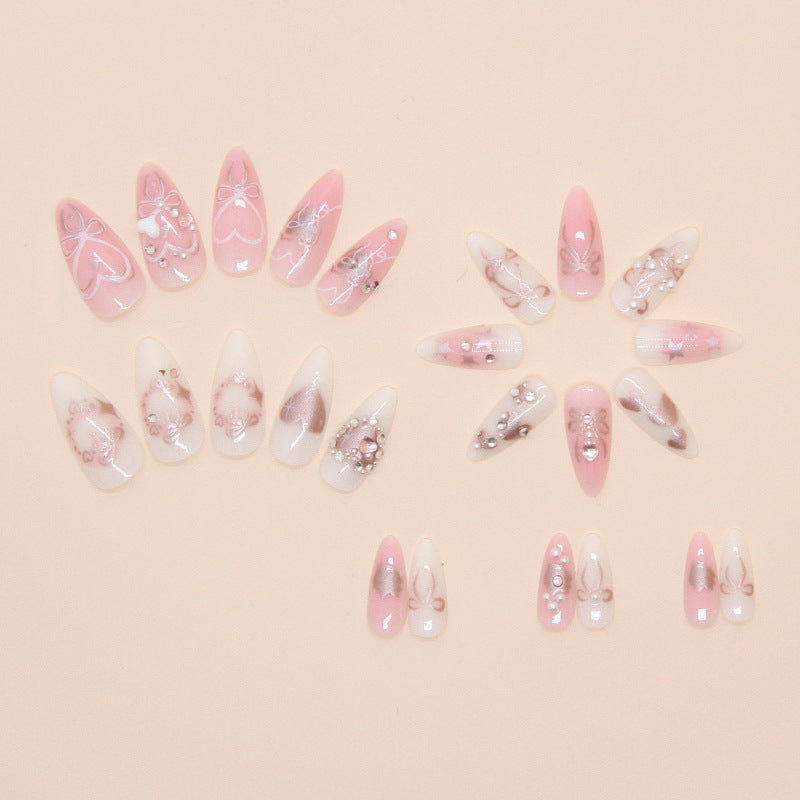 Cute bow diamond Pink Press on Nails 24Pcs Medium Almond Nails