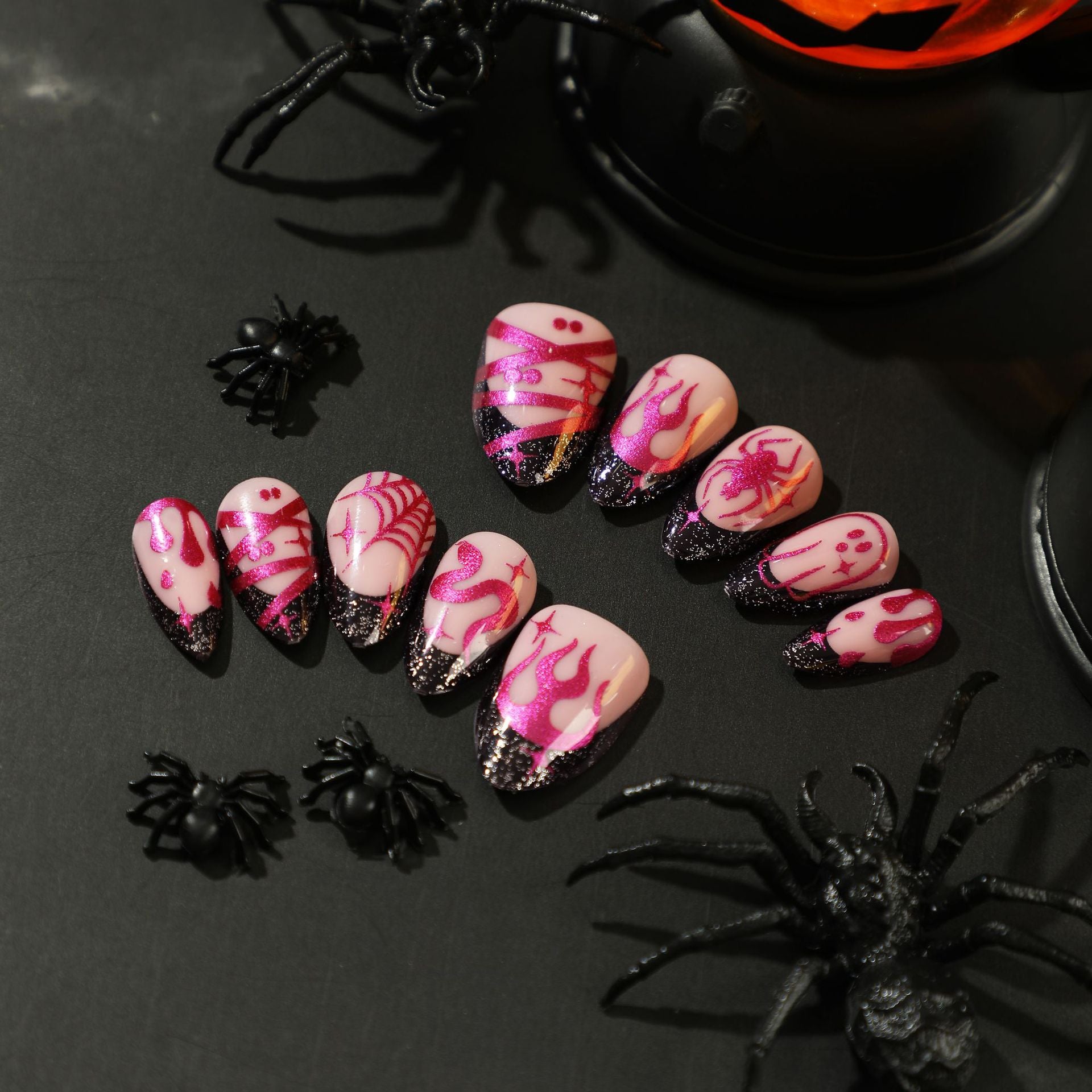 Purple Flame Spider Web Press on Nails 24Pcs Short Almond Nails  