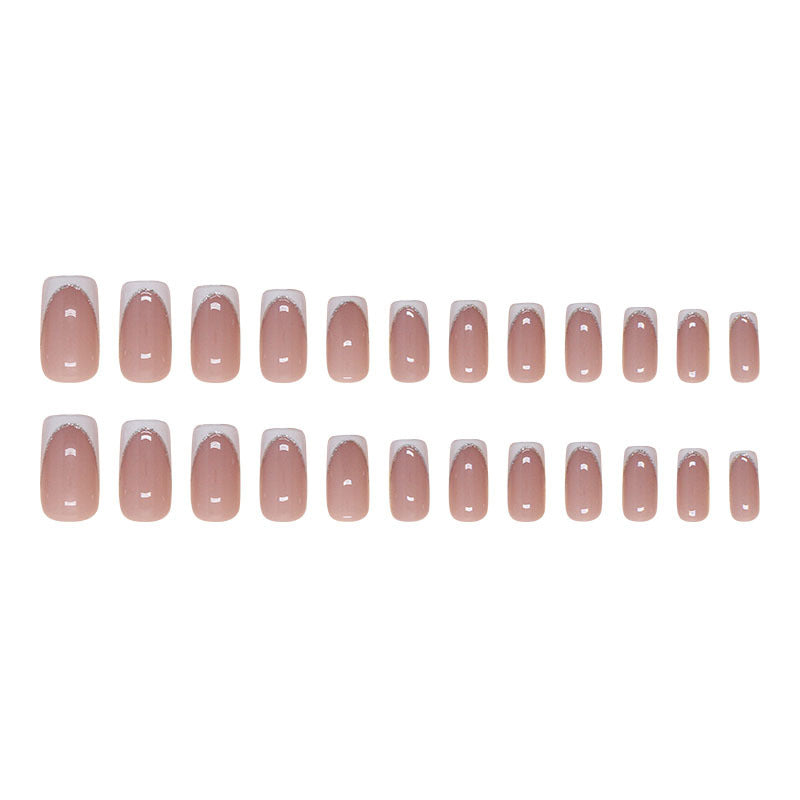 Simple Fine Glitter French Nude Press on Nails 24Pcs Medium Oval Nails