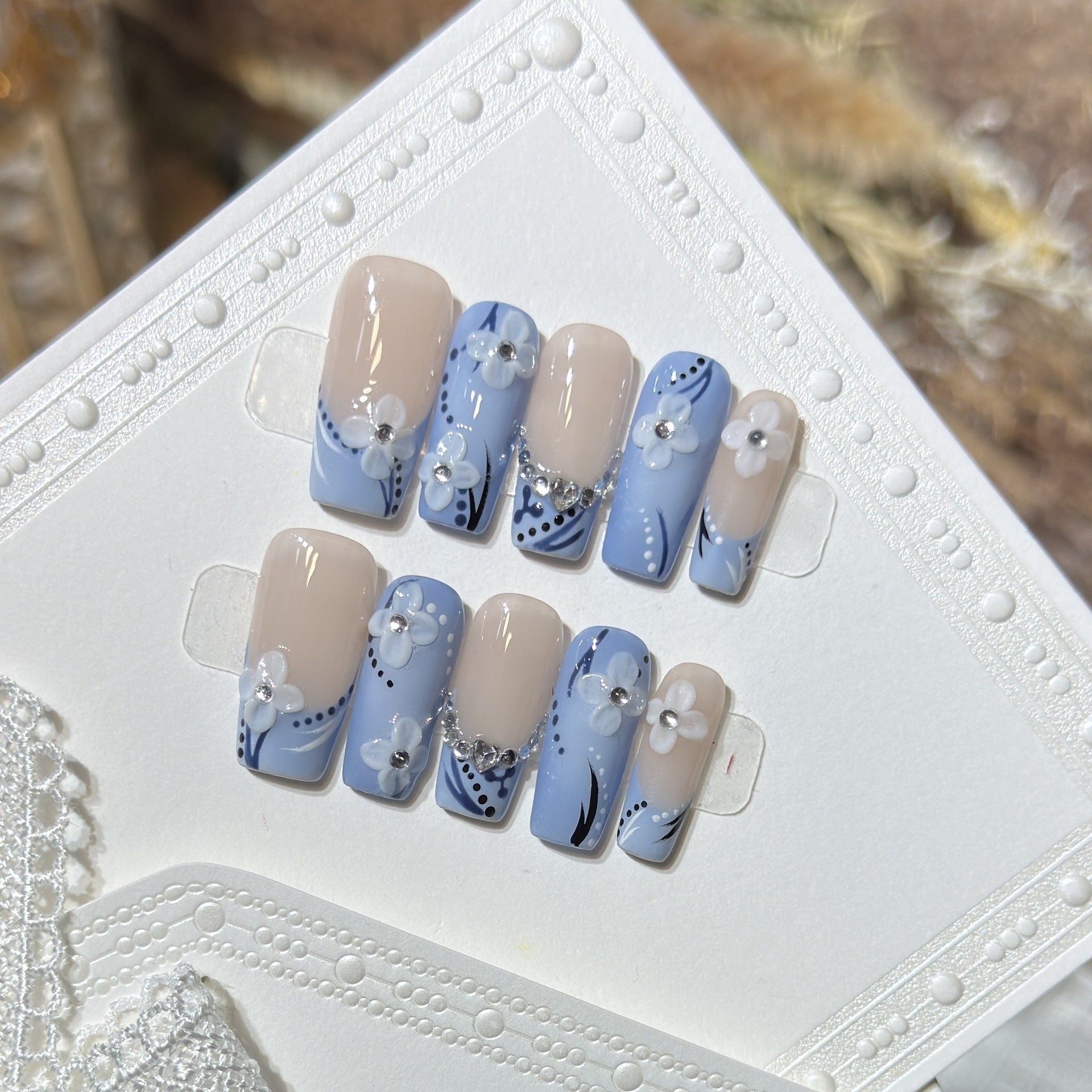 Blue and White Porcelain（Handmade press on nails）/10Pcs Ballerina Nails