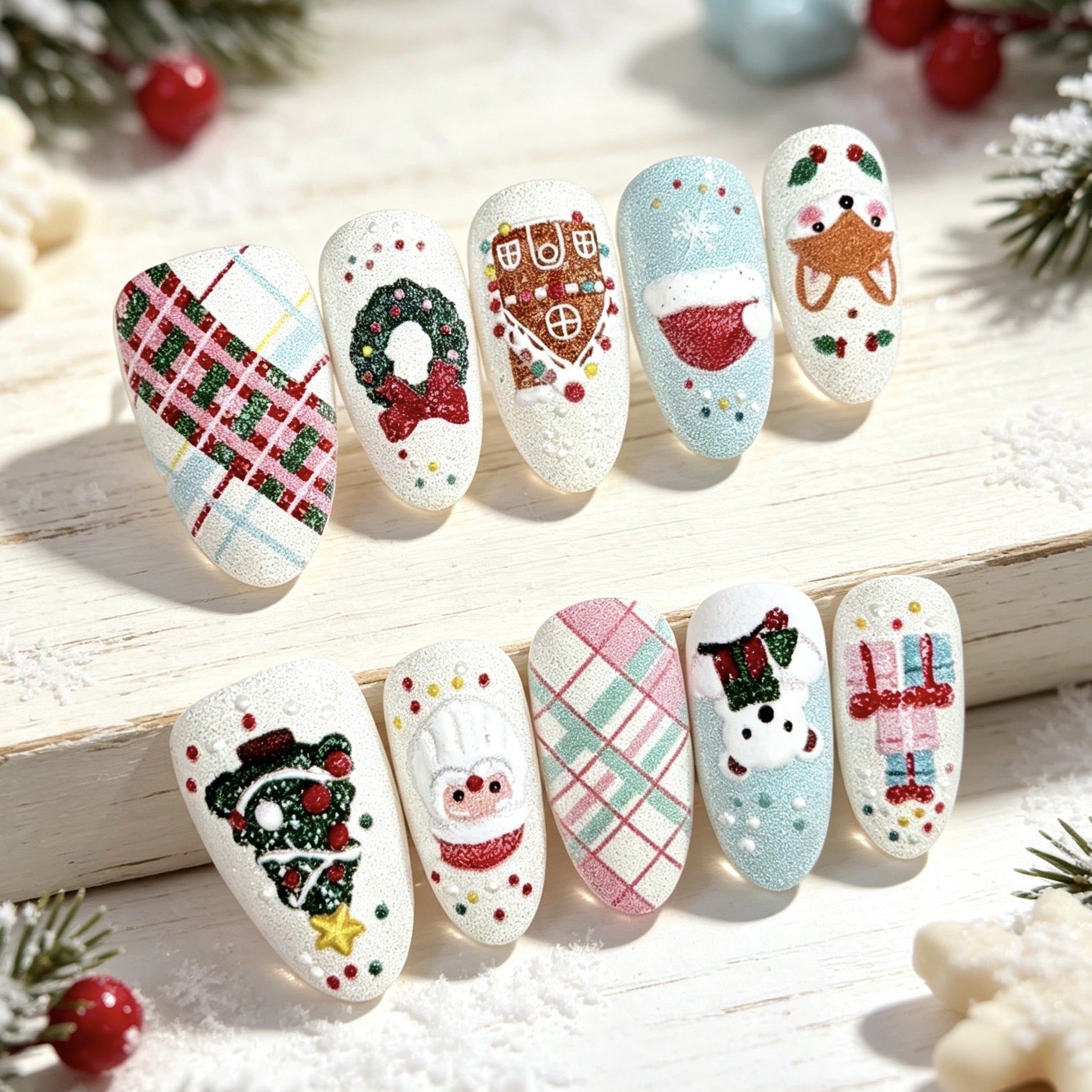 Frosted Christmas Town Presson on Nails 10Pcs Medium Oval Nails