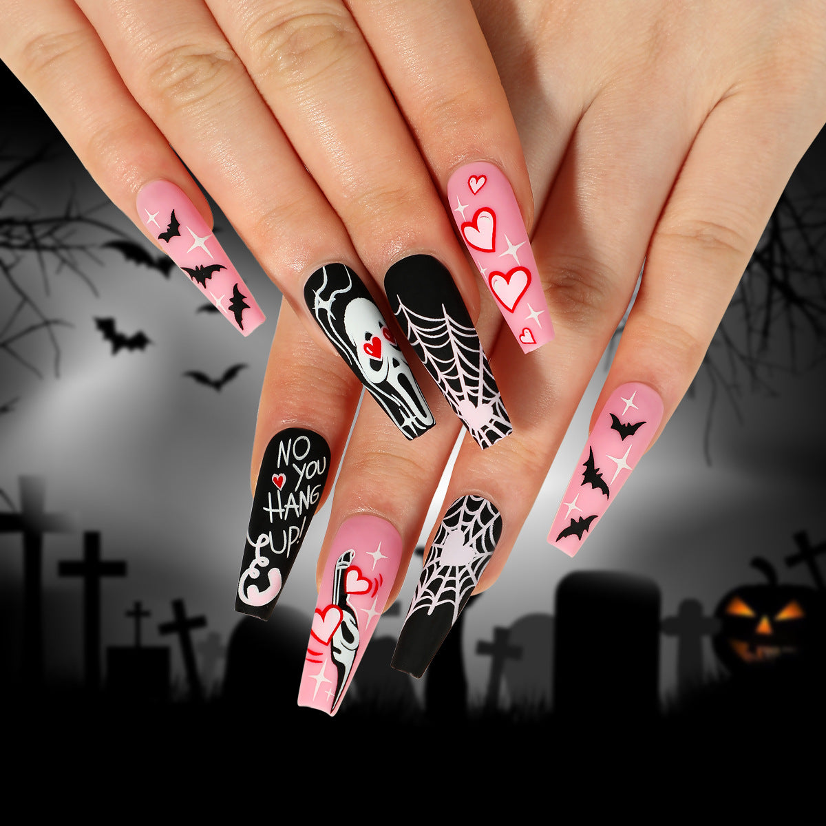 Ghost Spider Web Press on Nails 24Pcs Long Ballerina Nails  