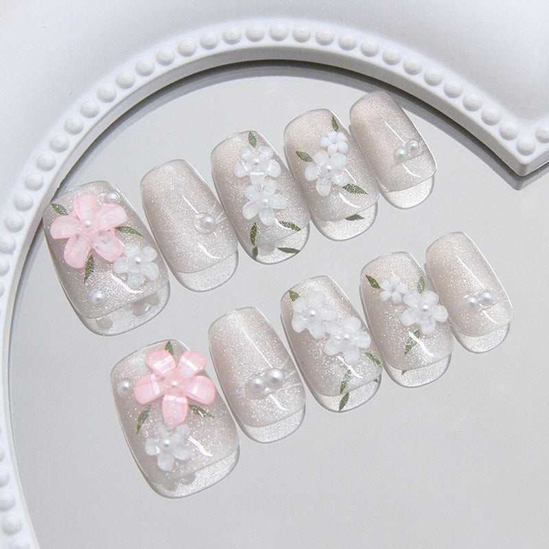 3D Spring Flowers Cat Eye（Handmade press on nails）/10Pcs Squoval Nails