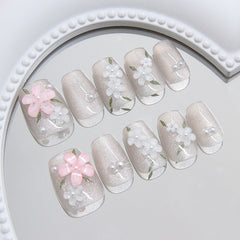 3D Spring Flowers Cat Eye（Handmade press on nails）/10Pcs Squoval Nails
