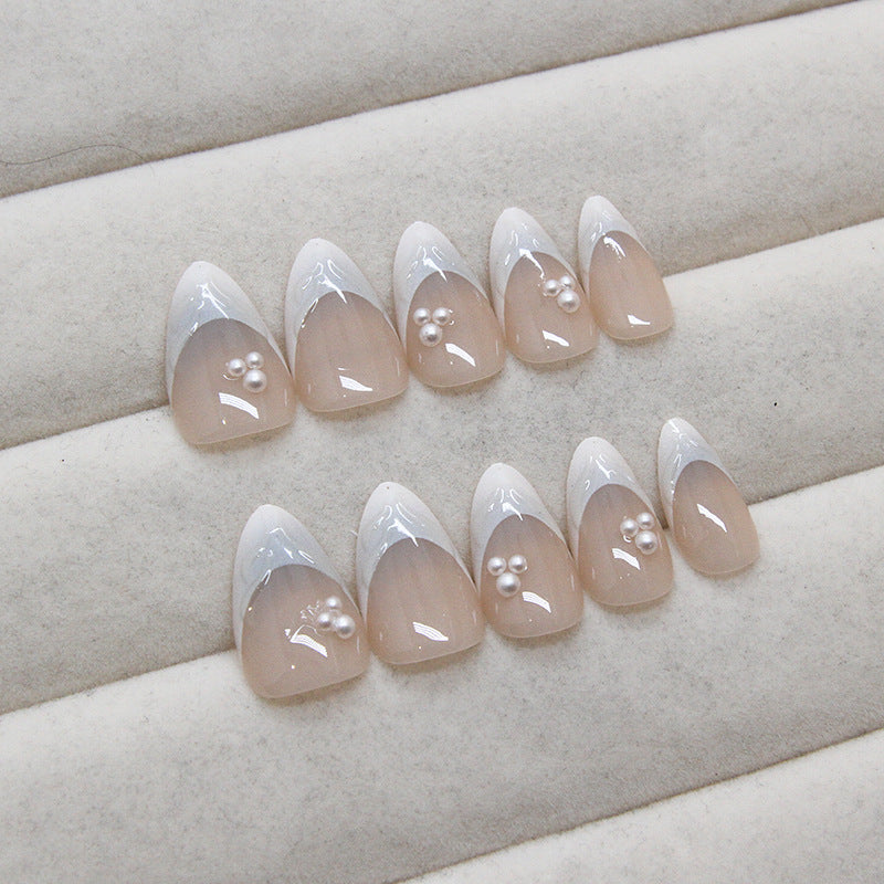 3D French Pearl White Press on Nails 24Pcs Short Almond Nails