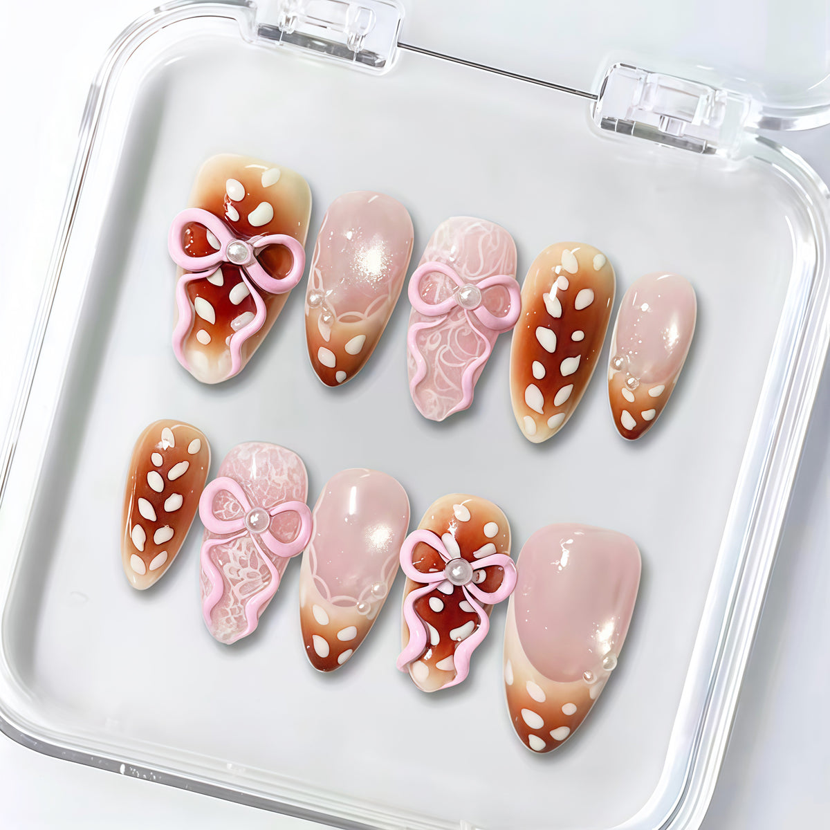 Deer Bow Presson on Nails 10Pcs Medium Almond Nails