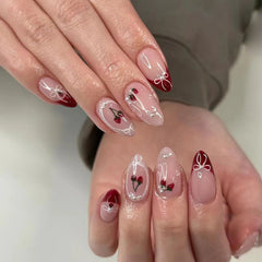 Cherry Pearls Press on Nails 24Pcs Short Almond Nails