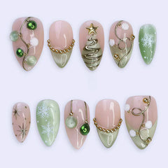 Forest Christmas Presson on Nails 10Pcs Medium Almond Nails