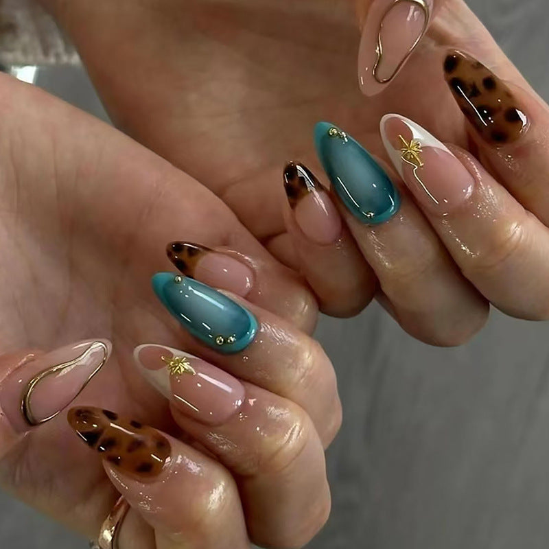 3D Leopard Print Nude Press on Nails 24Pcs Short Almond Nails