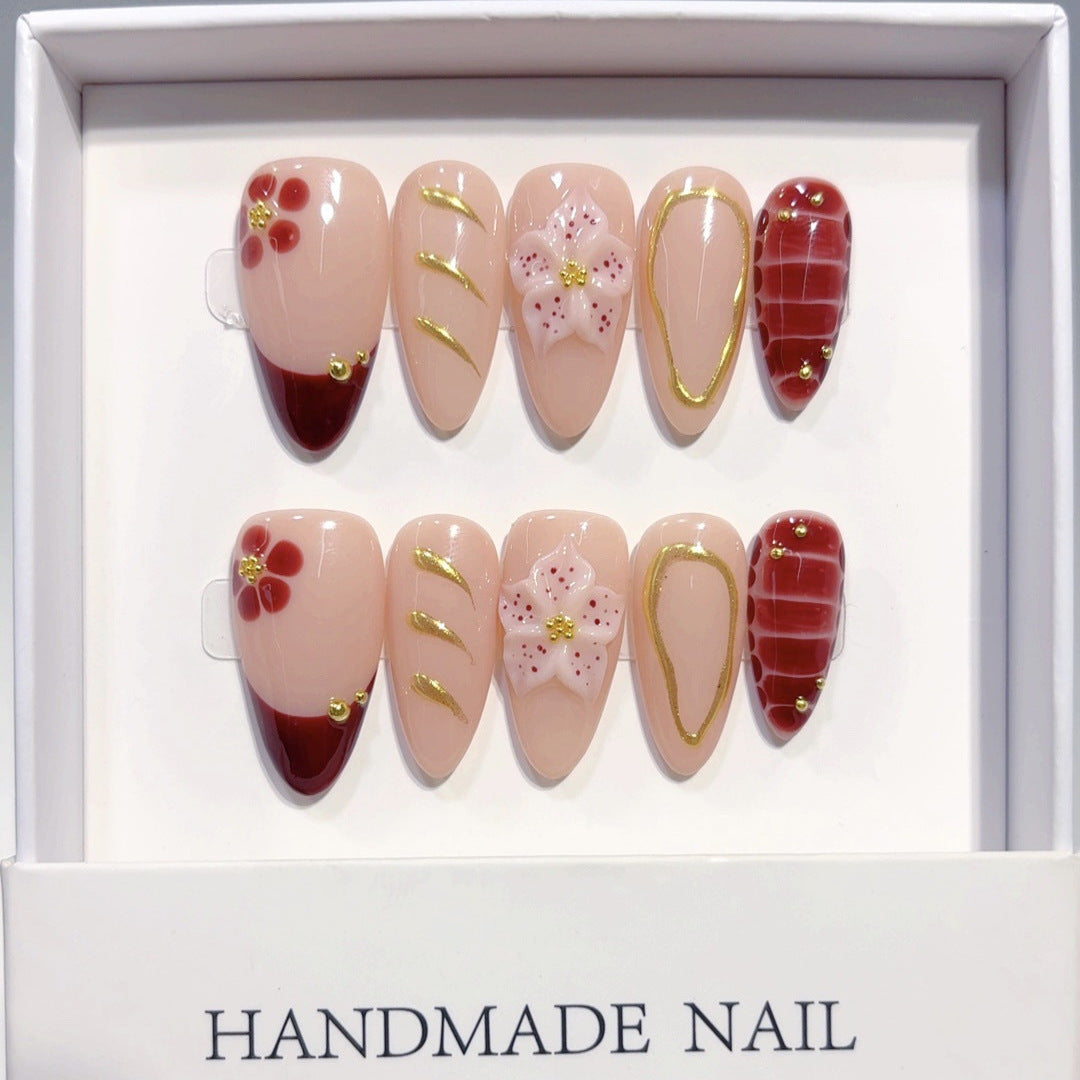 Nude Powder Carved（Handmade press on nails）/10Pcs Almond Nails