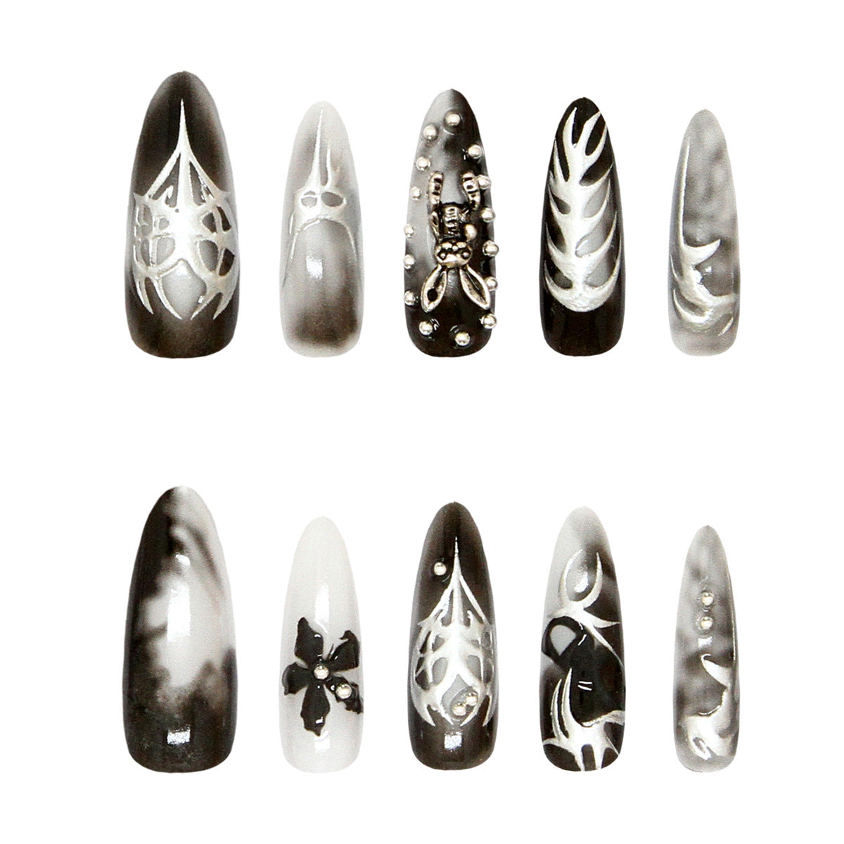 Dark Night Flower on Nails 30Pcs Long Stiletto Nails