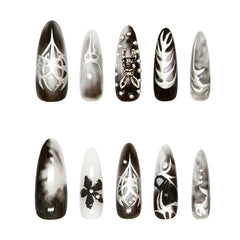 Dark Night Flower on Nails 30Pcs Long Stiletto Nails