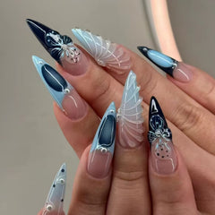 3D Pearl Shell Blue Press on Nails 24Pcs Medium Almond Nails