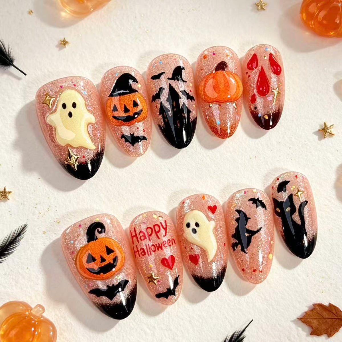 3D Castle Pumpkinl Presson on Nails 10Pcs Medium Almond Nails