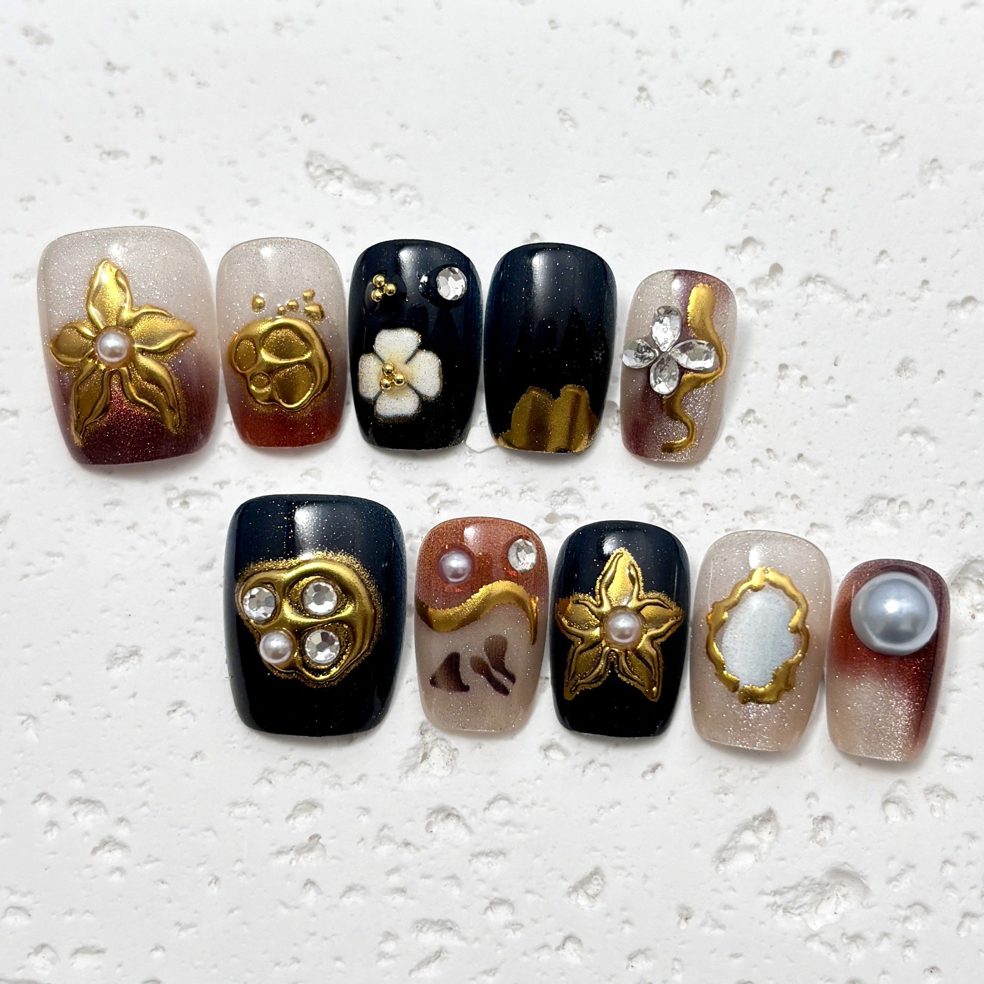 Black Gold 3D Flower（Handmade press on nails）/10Pcs Square Nails