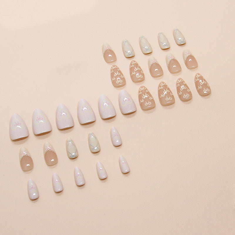 Lace Love Bow Nude Press on Nails 24Pcs Short Almond Nails