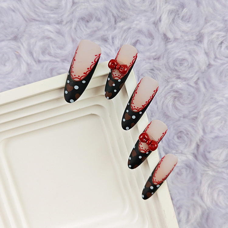 Lace Black Red French（Handmade press on nails）/10Pcs Stiletto Nails