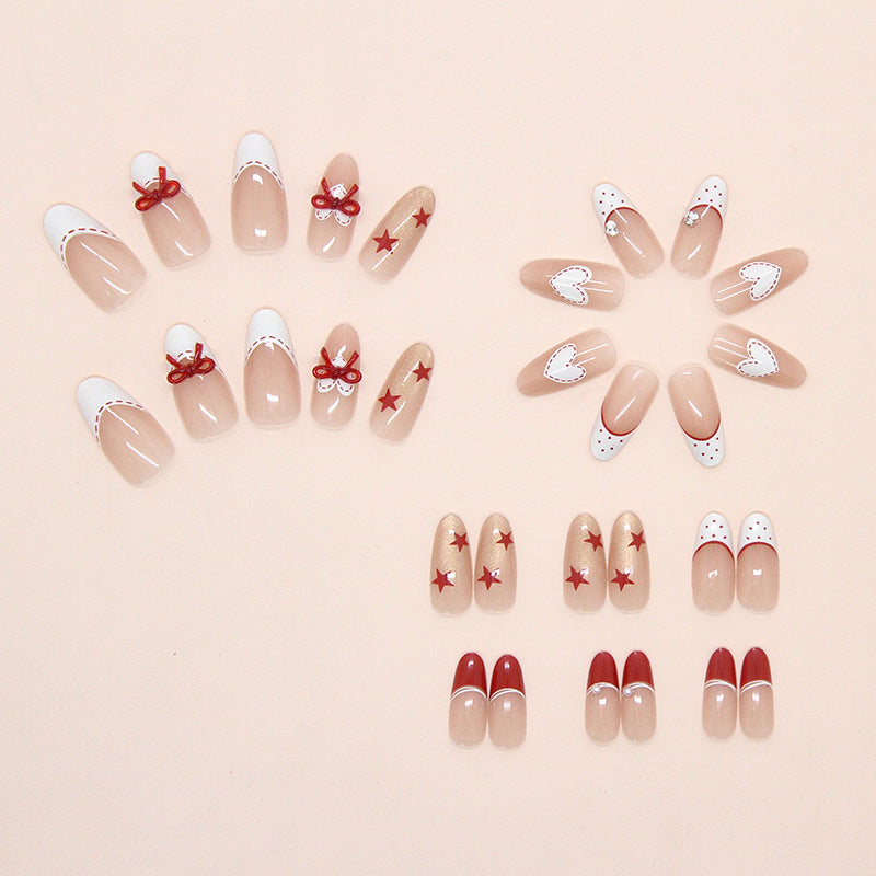French Polka Dot Bow Press on Nails 24Pcs Medium Almond Nails