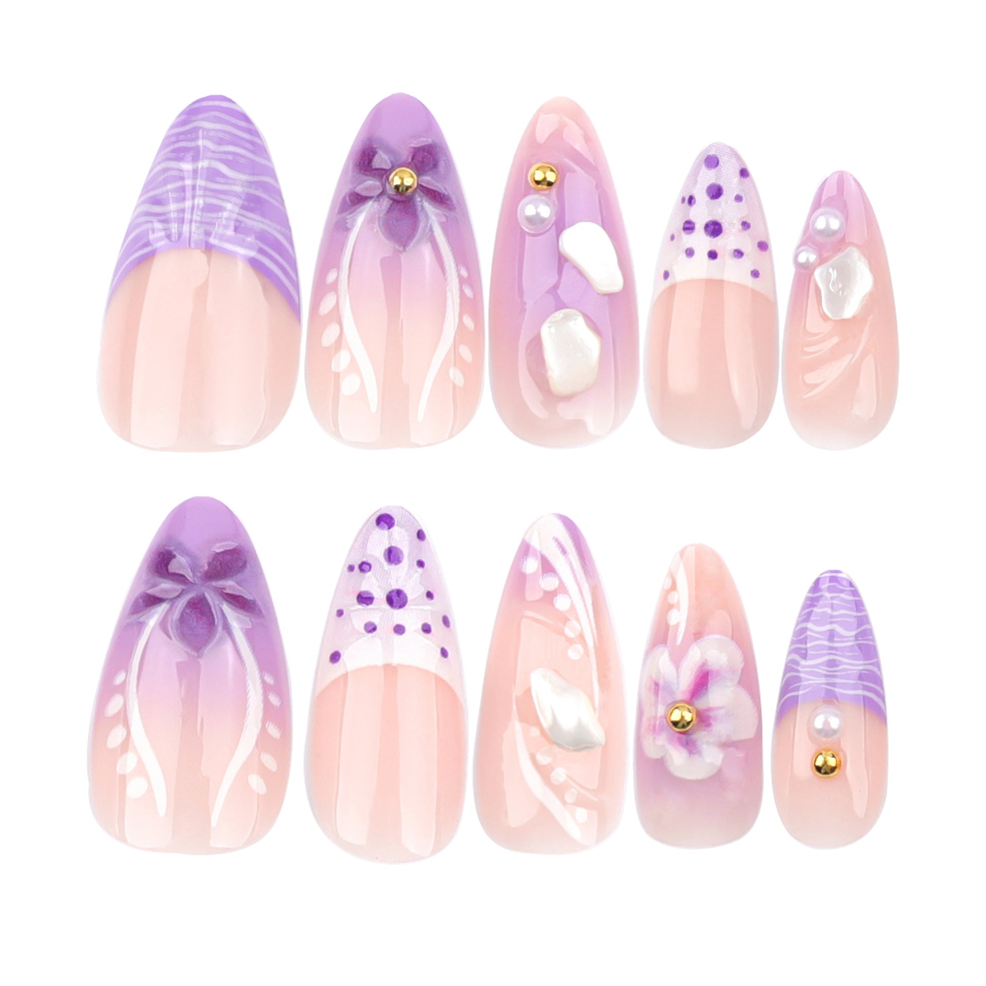 Purple Blooming 3D Flowers Press on Nails 24Pcs Medium Almond Nails