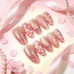 Polka Dot Love Bow Presson on Nails 10Pcs Medium Almond Nails
