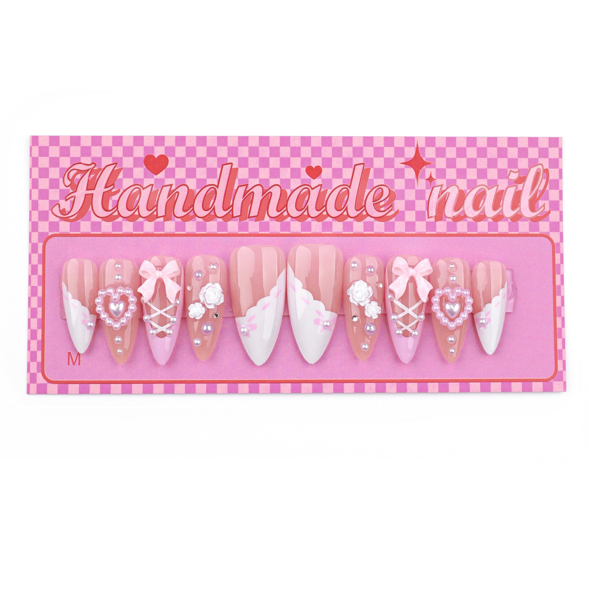 Camellia Bow Pearls（Handmade press on nails）/10Pcs Almond Nails