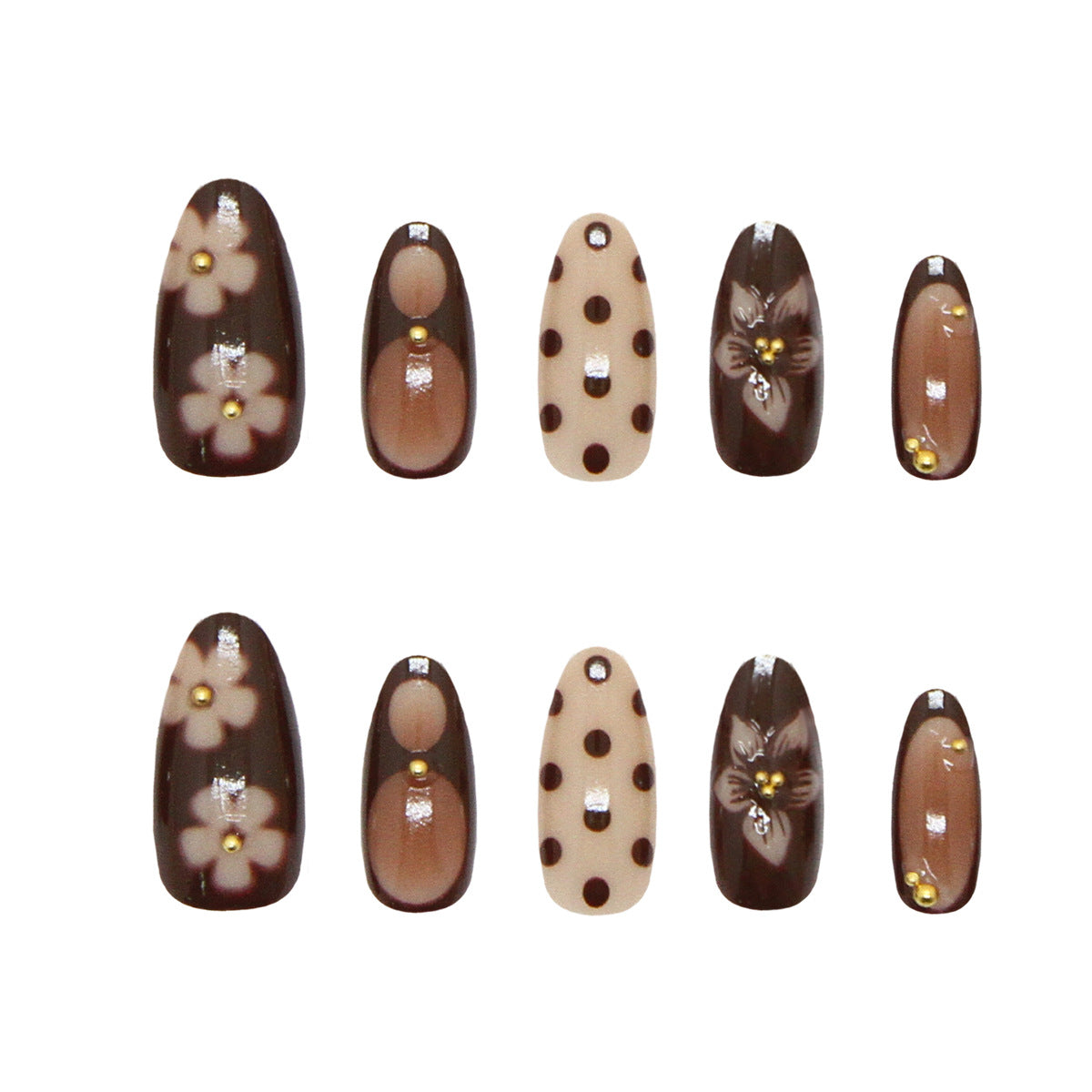 Polka Dot Flower Gold Bead Presson on Nails 10Pcs Medium Almond Nails