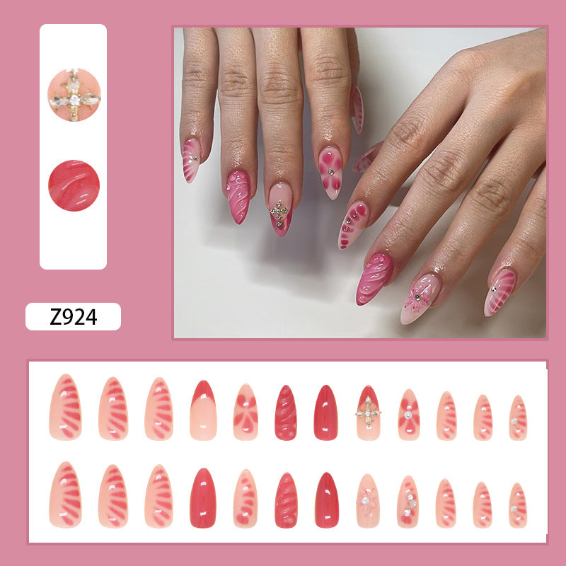 3D flower diamond cross Pink Press on Nails 24Pcs Medium Almond Nails