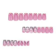 French Kitty Flower Press on Nails 24Pcs Medium Squoval Nails