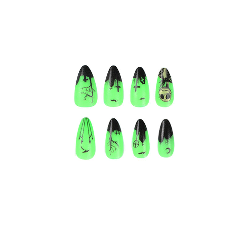 Halloween Fluorescent Green Press on Nails 24Pcs Medium Almond Nails  