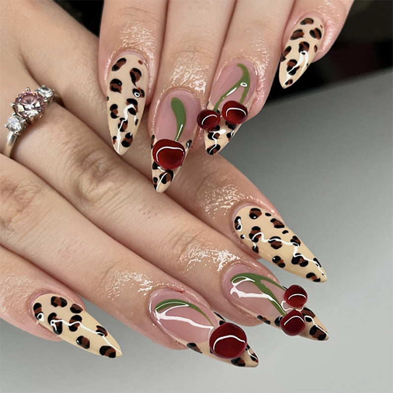 Leopard Print Cherry Press on Nails 24Pcs Medium Almond Nails