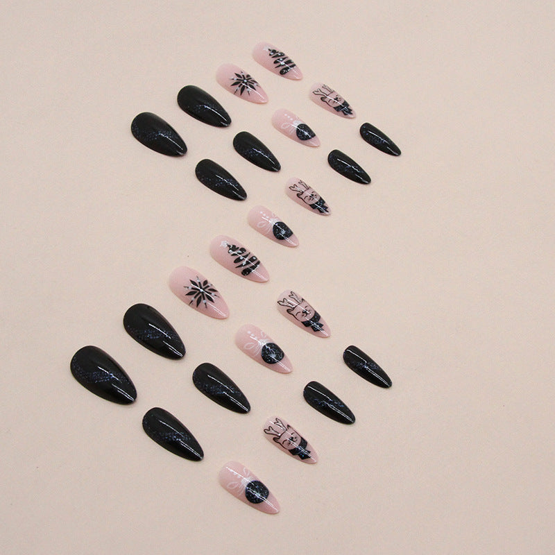 Night Sky Snowflake Elk Press on Nails 24Pcs Medium Almond Nails