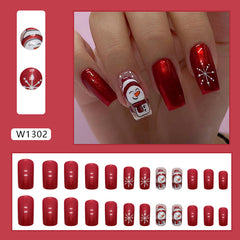 Aurora Red Snowman Press on Nails 24Pcs Medium Squoval Nails