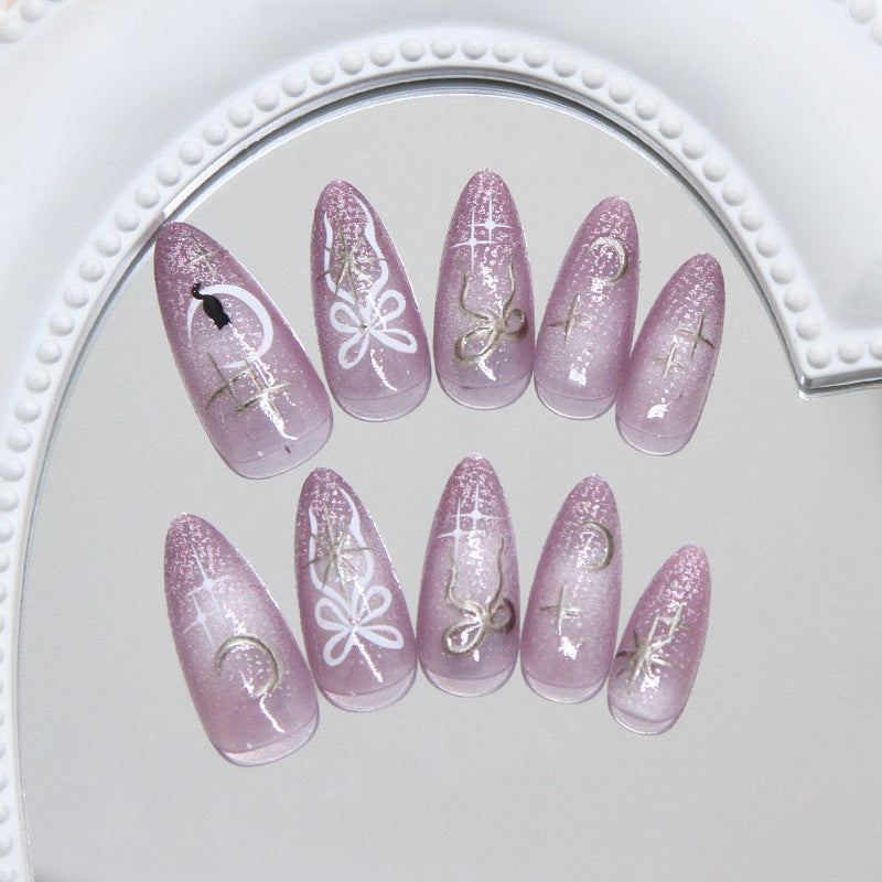 Starry Cat Moon Cat Eye Presson on Nails 24Pcs Medium Almond Nails