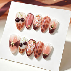 Amber 3D Flower Cherry Presson on Nails 10Pcs Medium Almond Nails