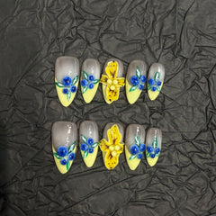 3D Blueberry Yellow Flower（Handmade press on nails）/10Pcs Almond Nails