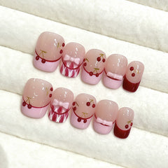 Cherry Plaid French Presson on Nails 10Pcs Short Square Nails