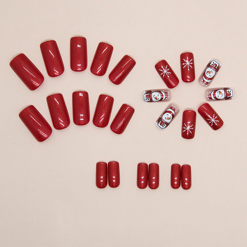 Aurora Red Snowman Press on Nails 24Pcs Medium Squoval Nails