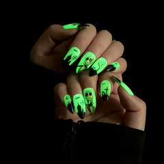 Halloween Fluorescent Green Press on Nails 24Pcs Medium Almond Nails  