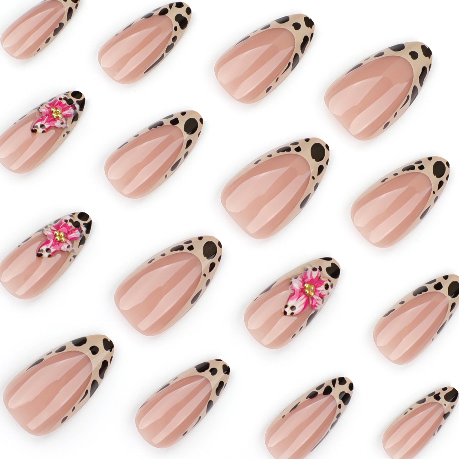 Leopard 3D Flower Press on Nails 24Pcs Medium Almond Nails