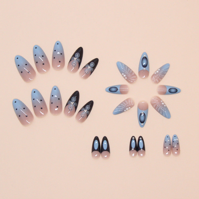 3D Pearl Shell Blue Press on Nails 24Pcs Medium Almond Nails