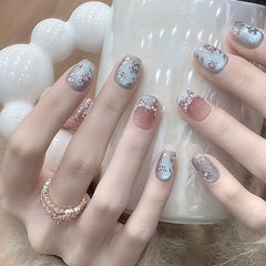 Cat's Eye Sapphire Flower（Handmade press on nails）/10Pcs Square Nails